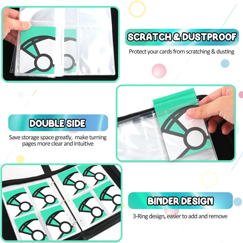 LOYEE Trading Card Binder 4-Pockets, 400 Pockets Card Holder with 50 Removable Sleeves, Large Capacity & Waterproof Zipper Album Holder for Trading Card Collector, Portable Card Album Book for Card-Green - Image 4